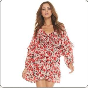 misa los angeles asra red floral smoked off the shoulder mini ruffle dress XS